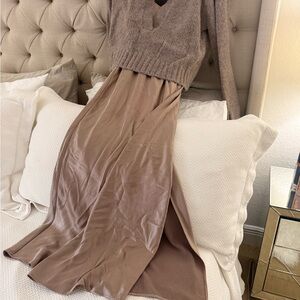 dh NEW YORK Satin Midi Slip Skirt in Taupe Brown